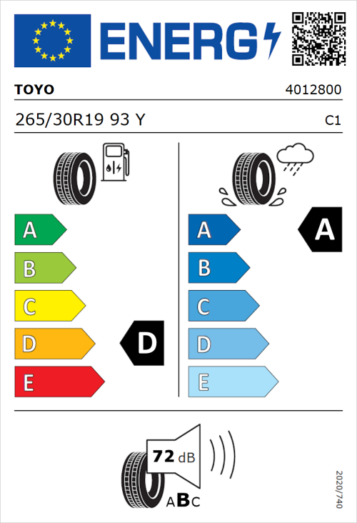 Tyre Label for Toyo Proxes Sport 265/30R19 93Y