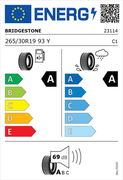 Tyre Label for Bridgestone Potenza Sport 265/30R19 93Y