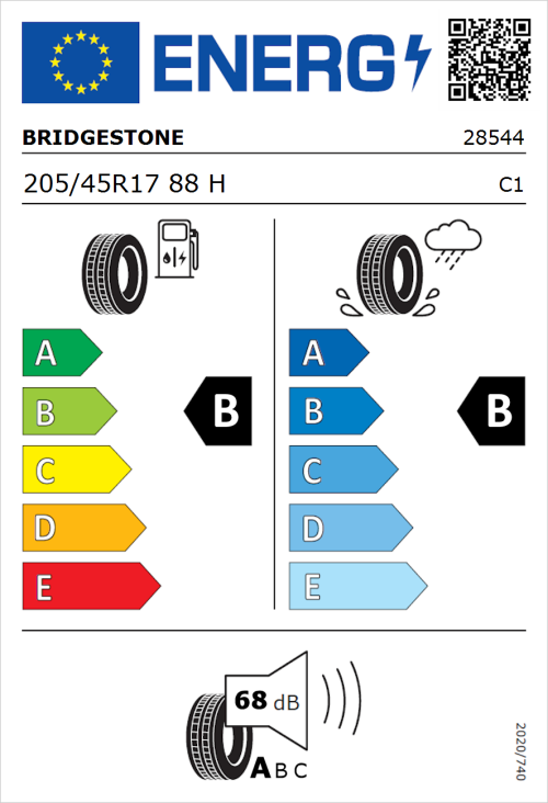 Tyre Label for Bridgestone Potenza Sport 205/45R17 88H