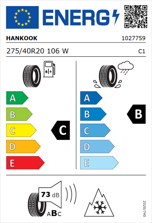 Tyre Label for Hankook Kinergy 4S2 X (H750A) 275/40R20 106W