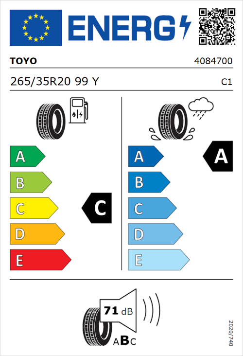 Tyre Label for Toyo Proxes Sport 2 265/35R20 99Y