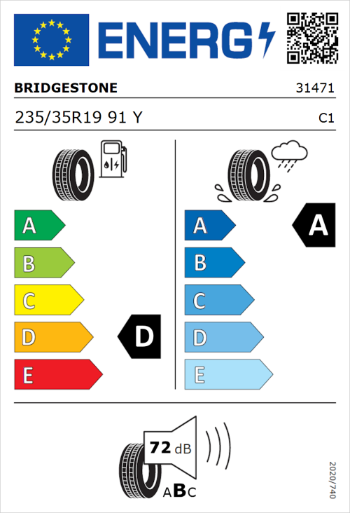 Tyre Label for Bridgestone Potenza Sport 235/35R19 91Y