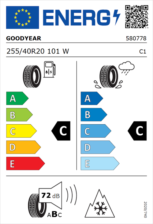Tyre Label for Goodyear UltraGrip Performance 3 255/40R20 101W